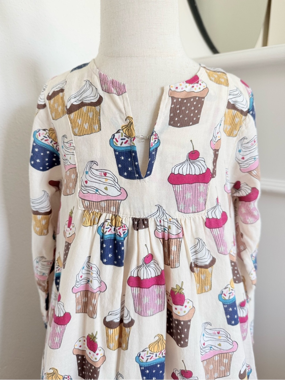 Pink Chicken Girls 5Y Cupcake Dessert Print Long Sleeve Dress Cream Pink - Picture 3 of 9